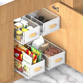 2 Pack Pull out Cabinet Organizer Fixed with Adhesive Nano Film, Simple Pull Out Cabinet Sliding Basket, Slide Out Drawers For Kitchen Cabinets, Bathroom Pantry, 12.2W X 17.3D X6.2 H