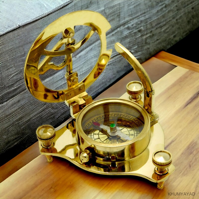 KHUMYAYAD Brass Sundial Compass Antique Nautical Replica Item with Rosewood