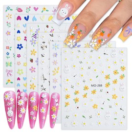 6 Sheets Flowers Nail Stickers, 3D Floral Self-Adhesive Nail Design Stickers, Spring Summer Daisy Nail Decals for Women Girl DIY Flowers Leaf Heart Rabbit Bow Strawberry Nail Art Decorations Supplies