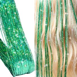 Hair Tinsel, Hair Tinsel Kit for Girls 1800 Strands Fairy Tinsel Hair Extensions Holographic Hair Tinsel Heat Resistant Colored Hair Glitter Christmas Party Festival (Green)