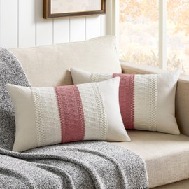 ZeeMart 2 Packs Cotton Boho Lumbar Throw Pillow Covers 12x20 Inch Contrast/Dusty Pink, Soft Farmhouse Decorative Couch Pillow Cases Pink Cushion Covers for Sofa Bed Living Room Home Decor