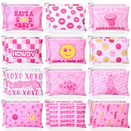 Blosssound 24 Pcs Preppy Cosmetic Bags Pink Preppy Makeup Bags Bulk Cute Cosmetic Pouch with Zipper Women's Gift Travel Toiletry Organizer Bags Howdy Birthday Gifts for Preppy Party Supplies