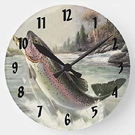 ArogGeld Rainbow Trout Fish Wall Clock Fisherman Fishing Wooden Round Clocks Wall Decor 15 Inch Battery Operated Decorative Wall Clock Silent Round Wood Wall Clock Hanging Clocks for Bedroom Living