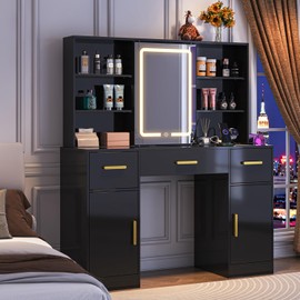 Vanity Desk with Sliding Mirror & LED Lights, 7 Open Storage Space, 3 Drawers & 2 Cabinets Large Makeup Vanity, Dressing Table with Charging Station, Hairdryer Holder, Bedroom Make Up Table, Black