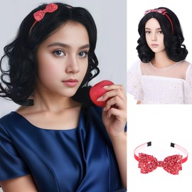 DUDUWIG Girls Black Wig with Headband Kids Short Black Wavy Curly Wig Children Natural Black Middle Part Wig Heat Resistant Synthetic Wig with Wig Cap