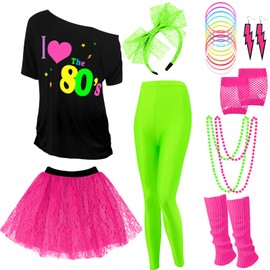 Vabean 19 Pcs 80s Costume Set T Shirt Leggings Tutu Skirt Headband Necklace Bracelets Earrings Gloves Leg Warmers for Women (Green Leggings,Small)