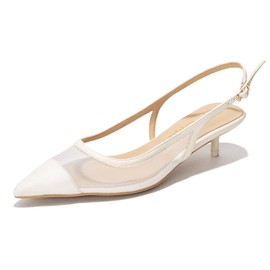 Women's Closed Toe Kitten Heels - Pointed Toe Slingback Low Heels for Women, Chic Dressy Comfortable Pumps with Non-Slip Sole, Perfect for Office, Party, Wedding (Lorna) White 10