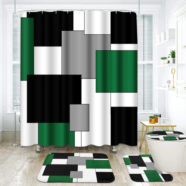 Subwest Geometric Green Bathroom Set with Shower Curtain and Rugs