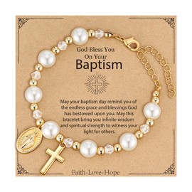 Fervia Catholic Gifts Virgin Mary Cross Rosary Pearl Bracelet for Girls Women Confirmation First Communion Baptism Religious Christian Jewelry Gift(Baptism)