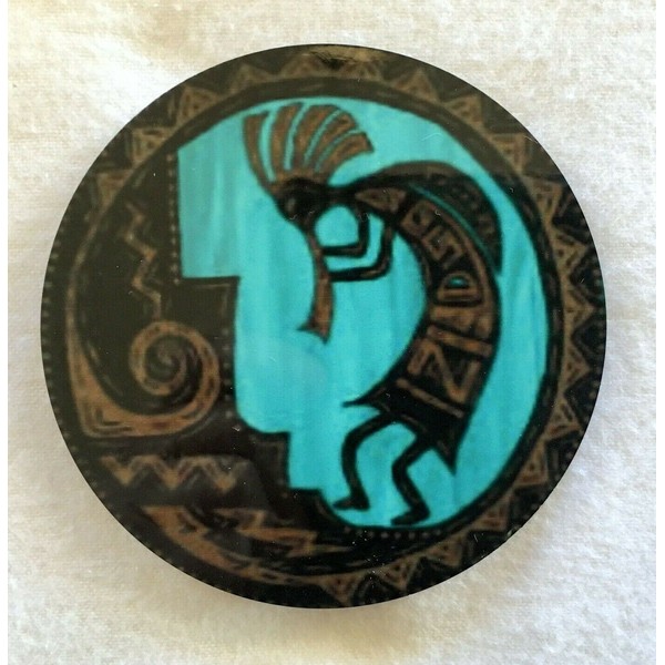 Hardboard Coasters, Set of 4, Kokopelli Moon Turquoise, Copper, 3.75" Round Gift