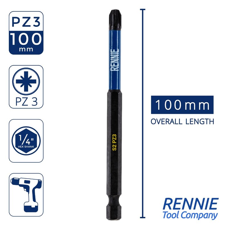 10 x Rennie Tools 100mm Long PZ3 Impact Screwdriver Driver