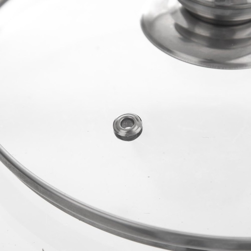 Glass lid with stainless steel ring.