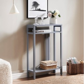 Kings Brand Furniture Bisbee Wood Console Table with 2 Open Storage Shelves, Narrow & Minimalist Sofa Table, Entryway Table Perfect for Hallway, Behind The Couch, Living Room & Foyer (Grey)