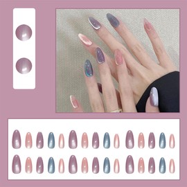 Short Almond Tip Rainbow Press on Nail, French Fake Nail with Cat Eye Design, Full Cover Stick on Nails for Women Manicure 30 Pcs