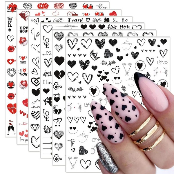 6 Sheets Heart Nail Art Stickers Decal,Hearts Nail Decals for Women,Nail Art Supplies 3D Self-Adhesive Black Red Heart Love Angel Cupid Letters Nail Designs for Valentines Manicure Decorations