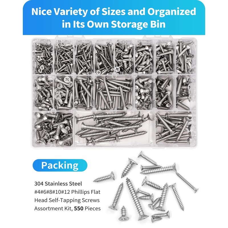 DIVANC 550Pcs 304 Stainless Steel Wood Screws Assortment Kit, Phillips