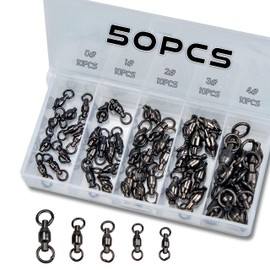 Piscorush 50pcs Ball Bearing Swivels Set Copper Swivels Barrel Swivels Stainless Split Ring High Strength Saltwater Fishing Swivels Hooks Connectors (0# 1# 2# 3# 4# / 50Pcs with Box)