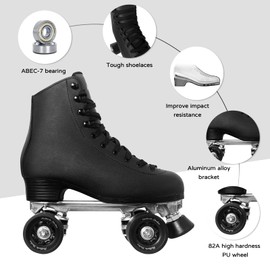 Roller Skates for Women with PU Leather High-top Double Row Rollerskates, Unisex-Adult Indoor Outdoor Black Derby Skate Size 13 with Adjustable Fast Braking for Beginner