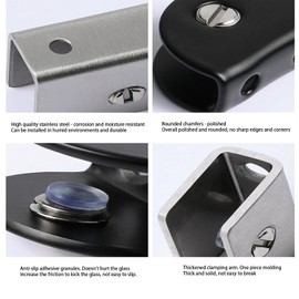 Leliafleury 4Pcs Adjustable Glass Shelf Brackets 10mm Stainless Steel Glass Shelf Supports for Handrails, Black, Rectangle