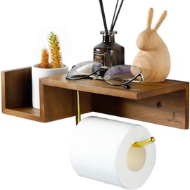 Wall-Mounted Toilet Paper Holder with Shelf and Storage, Made of Walnut Wood - Toilet Roll and Tissue Holder for Bathroom(Walnut Wood)