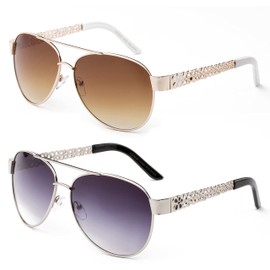 "Spring" Pilot Style Flower Designs Fashion Sunglasses (2 Pack- Gold/White & Black, 60)