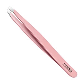 Rubis Classic Stainless Steel Slanted Tweezers for Precise Eyebrows and Hair Removal, Made in Switzerland, Pink