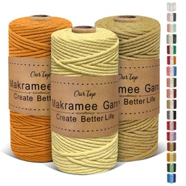 OurTop Premium Macrame Yarn Set of 3, 3 mm x 100 m Macrame Cord, Macrame Cord, Yarn for DIY Crafts, Weaving Decoration, Hanging Plant Hanger (Light Yellow, Yellow, Sage)