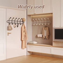 2-piece set; no-hole hook Coat Rack Wall Mounted, Metal Heavy Duty Coat Hooks Rail,for Bedroom,Bathroom Dorm Hanging Towel Clothes Hat Jacket etc Strong load-bearing capacity (2 white, 6 hooks)