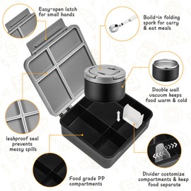 MAXSO Bento Lunch Box Set for Kids with 8 oz Soup Thermo, Leakproof Hot Food Container with 4 Compartments, Insulated Food Jar for Toddler Daycare Boys Girls School - Black