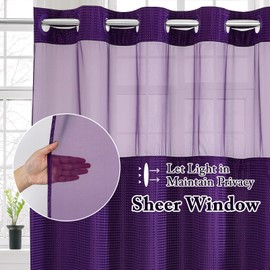 Gibelle No Hook Waffle Weave Shower Curtain with Snap-in Fabric Liner Set for Bathroom, Hotel Style with Mesh Top Window, Waterproof & Washable, Purple, 72x74