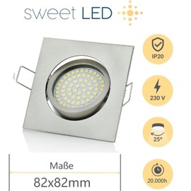 Sweet Led Flat, Recessed Spotlight, Swivelling, 3.5 W, 230 V, Square, Brushed Chrome, Eibauspots Warm White 3000 K