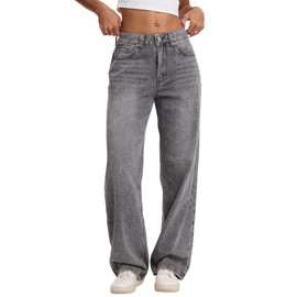 Wanduyini Straight Leg Jeans for Women Casual Washed Vintage Loose Fit Boyfriend Baggy Denim Pants (Dark Grey, M)