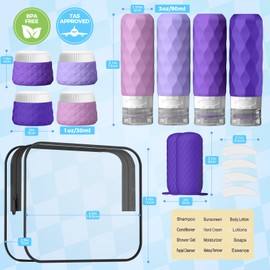 16Pack Travel Bottles for Toiletries, TSA Approved Travel Size Toiletries Containers Set, Silicone Leak Proof Refillable Bottles Elastic Sleeves Creams Jars Accessories Kit W/Clear Bag (Purple)