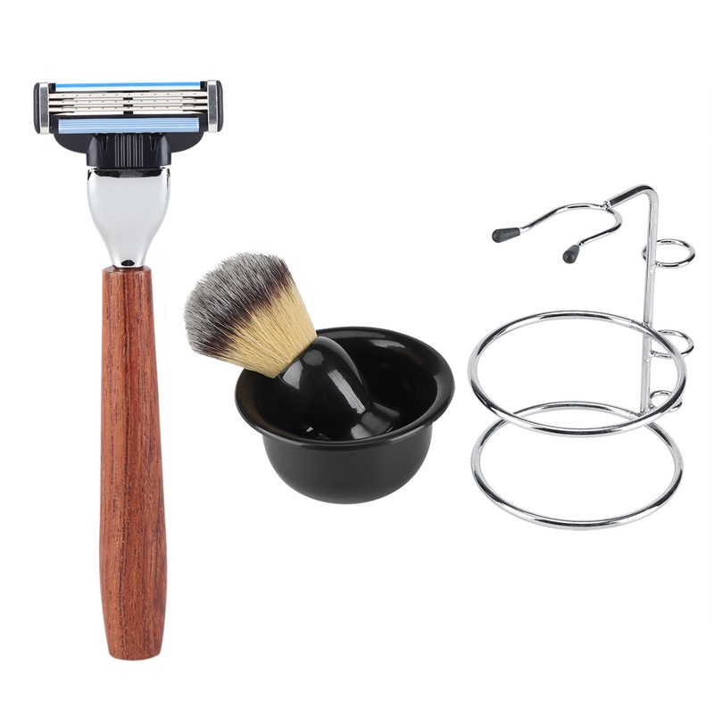 4Pcs Shaving Kit Manual Razor Stainess Steel Stand Holder Brush