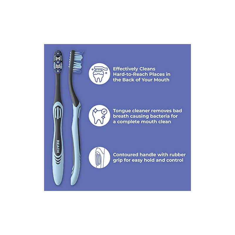 Reach Essentials Toothbrush with Toothbrush Caps, Multi-Zoned Angled Soft Bristles