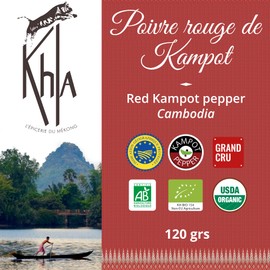 Khla - Red Kampot Pepper 120g - Organic Red Kampot Peppercorns - Premium Cambodian Pepper - Grand Cru, Mild & Fruity - for Grinder Refill - Direct from Producer - Limited Production - Origin Cambodia