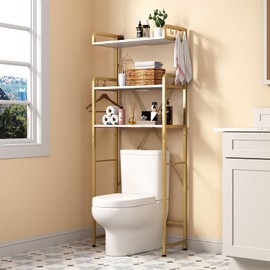 Over The Toilet Storage Rack with 3-Tier Shelves, Space Saver Toilet Shelf, Laundry Organizer with Hooks for Over Toilet Storage and Space Saver (White & Gold)