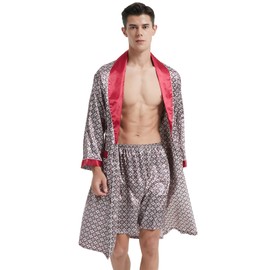 Haseil Men's Luxurious Kimono Robe with Pajama Shorts Set Long Sleeve Silk Bathrobe Soft Satin Robe Lightweight House Sleepwear, Red, Tagsize4XL=USsizeXL