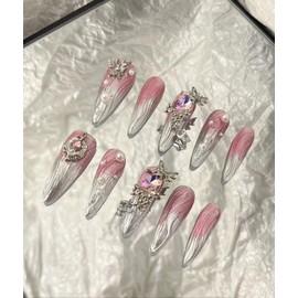 Handmade Press On Nails Long MouyouGlow, Stiletto Airbrushing Pink 3D Butterfly Rhinestone Silver Heart Pearl Glitter Y2K Coquette Resuable Fake Nails, Handmade Artificial Fingernails, 10 Pieces 208-M