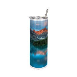 Lunarable Landscape 20 Oz Skinny Tumbler, Morning Sunrise Moraine Lake in Banff National Park Snowy Peaks, Leak-Proof Straw Lid and Brush Vacuum Insulated for Outdoor Use, Dark Orange Green