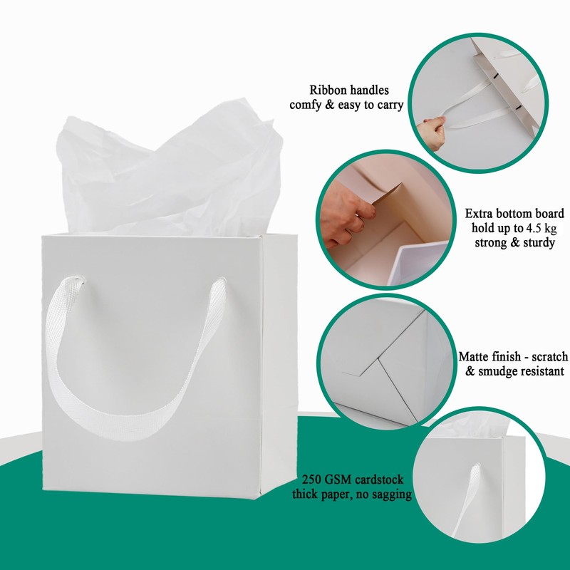 Aosric White Gift Bags with Tissue Paper, 6 Pack, 4x2.8x4.5