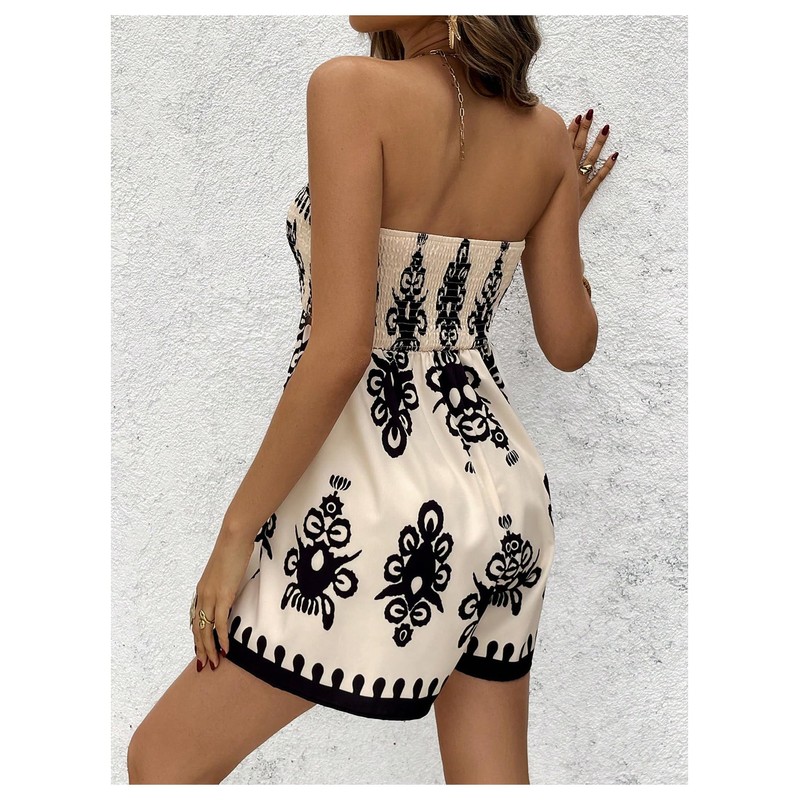 SHENHE Women's Strapless Smocked Wide Leg Flowy Tube Top Romper