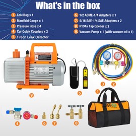 BACOENG 4.5CFM AC Vacuum Pump and Gauge Set, 4-Way HVAC Vacuum Pump Kit with Leak Detector for R134a R22 R410a Refrigerants AUTO/Mini Split Vacuum System, with Can Tap and Quick Couplers