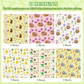Konsait Easter Wrapping Paper Fold Flat Large Sheet Easter Day Gift Wrapping Paper Eggs Bunny Chicks for Spring Easter Party 6 Different Designs 27 x 20 inches - 12 Sheets