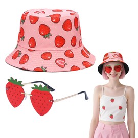 SAIIURV 2 Stück Fischerhut Anglerhut + Erdbeerbrille, Kostüm Accessoires Set, Kreative Sonnenbrille, Sonnenhut 2 in 1 Wendbares für Apero Liebhaber Fasching Karneval Cosplay Kostüme Accessoires (Rosa)