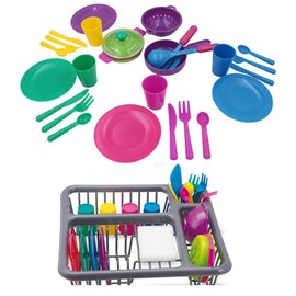Kids Pretend Play Dishes Children's Kitchen Playset - Wash and Dry Tableware Dish Rack Toy with Drainer, Cups, Pots, Utensils (28 Pieces)