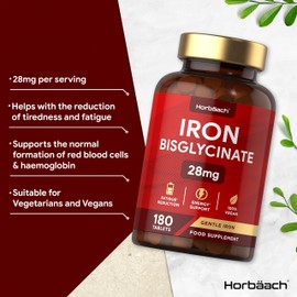 Iron Tablets 28mg | High Strength Iron Bisglycinate Supplement | 180 Count | Energy Support | Suitable for Vegans & Vegetarians | by Horbaach