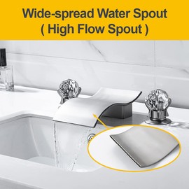 DEOLER Widespread Bathroom Sink Faucet with Crystal Knob 3 Hole Waterfall Vanity Faucet 8 Inch Crystal Bathroom Faucets Deck Mount Basin Mixer Tap with Hose, Brushed Nickel