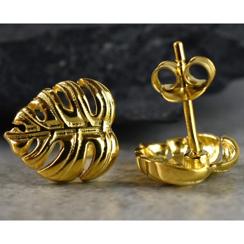 Mini Stud Earrings Leaf Monstera – Gold-Plated Silver 925 Sterling