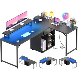 Cyclysio L Shaped Gaming Desk with Wood Cabinet, 58" Large Corner Desk with LED Lights & Power Outlet, Reversible Computer Desks with Computer Tower Stand, 2 Person Desks for Home Office, Black